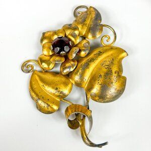 Vintage Sterling Silver Tone Floral Leaves Brooch Red Rhinestone Gold Plated